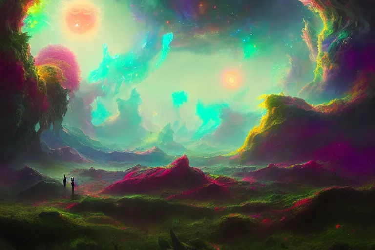 Image similar to a psychedelic realm at the edge of the known universe, astral beings sharing love!!!!, in the style of greg rutkowski! and wlop and lisa frank! and bob ross!!! and ruan jia, illustration, epic, fantasy, hyper detailed, smooth, unreal engine, sharp focus, ray tracing