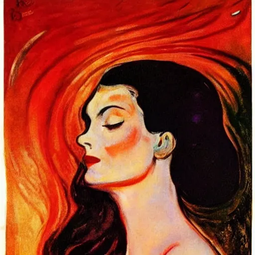 Image similar to queen of the dreamlands, beautiful! coherent! by edvard munch, by frank frazetta, deep colors, strong lines, high contrast