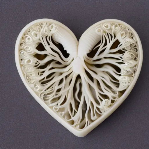 Prompt: intricate heart delicately carved into block of ivory, bioluminescence, tendrils canon 5 d 5 0 mm lens