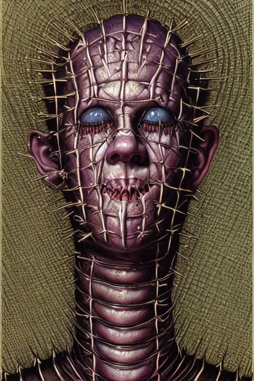 Image similar to highly detailed portrait of pinhead from hellraiser by alex grey, patrick woodroffe, mark ryden created by gustave dore and greg rutkowski, high detailed, smooth draw, synthwave neon retro, intricate, realistic proportions, dramatic lighting, trending on artstation