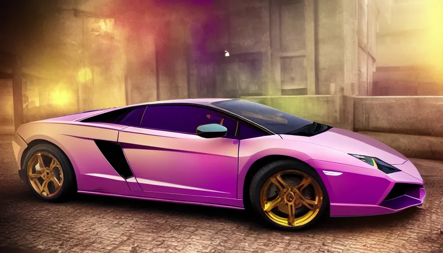 Image similar to purple and gold lamborghini galardo, black interior, hyperdetailed, artstation, cgsociety, 8 k