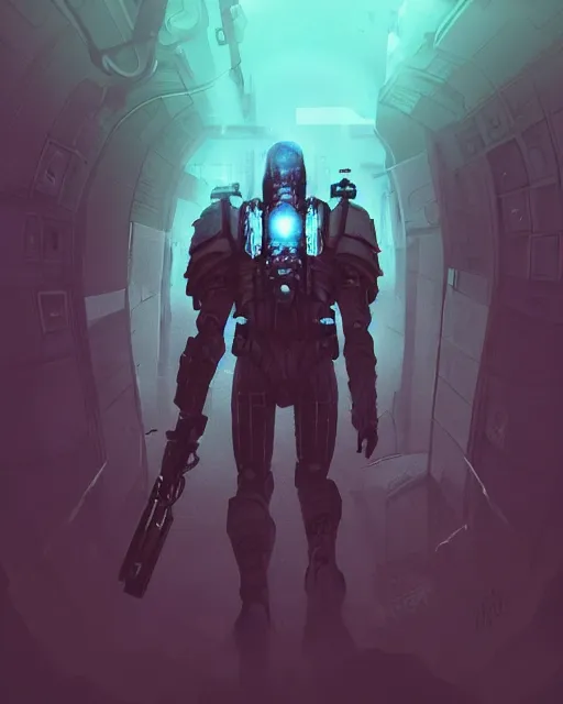 Image similar to Sci-Fi Crocodile alien, armored, big, art by Kashin, Wadim, Martinière, Stephan, Anton Fadeev, holding rifle, sharp focus, pitch black cursed evil Spaceship hallway, dark light, soft purple glow, heroic pose, sci-fi artwork, octane render, dead space artwork, cyberpunk, vivid colors, occult, magical, volumetric lighting, 8k high definition, highly detailed, trending on art Station, centered, by Greg Rutkovski, sci-fi artwork, arnold render