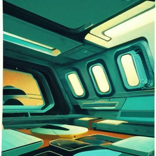 Image similar to Cozy interior of a spaceship, teal lighting, cozy lighting, space seen outside from a window, by Syd Mead, John Harris, Federico Pelat