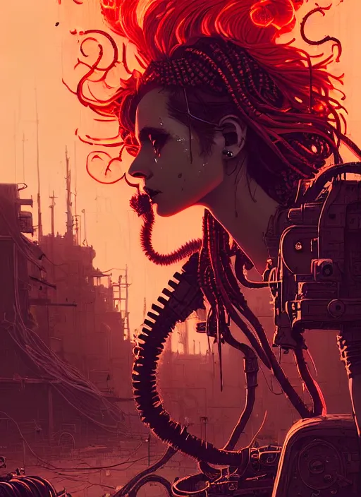 Image similar to highly detailed portrait of wasteland punk long curly fire hair tribal lady, stray wiring by atey ghailan, james gilleard, by joe fenton, by greg rutkowski, by greg tocchini, by kaethe butcher, 4 k resolution, gradient red, orange, black and white color scheme!!! ( ( burning flaming robotic dystopian city background ) )