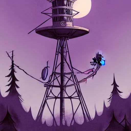 Prompt: abigail larson, don bluth, artgerm, purple color pallete, welcome to night vale, radio tower with black hole above it, helicopter, spooky strange weird quirky, cartoon, 2 d, chiral lighting