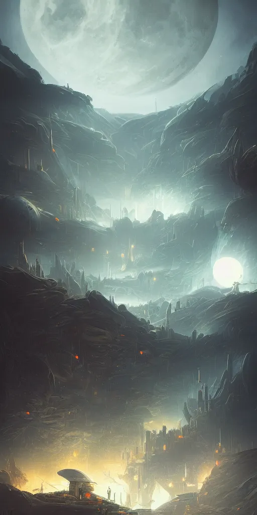 Prompt: Detailed exterior of Evil Moon Base, Brooding Landscape, Rising Planet, stunning atmosphere, in Style of Peter Mohrbacher, cinematic lighting