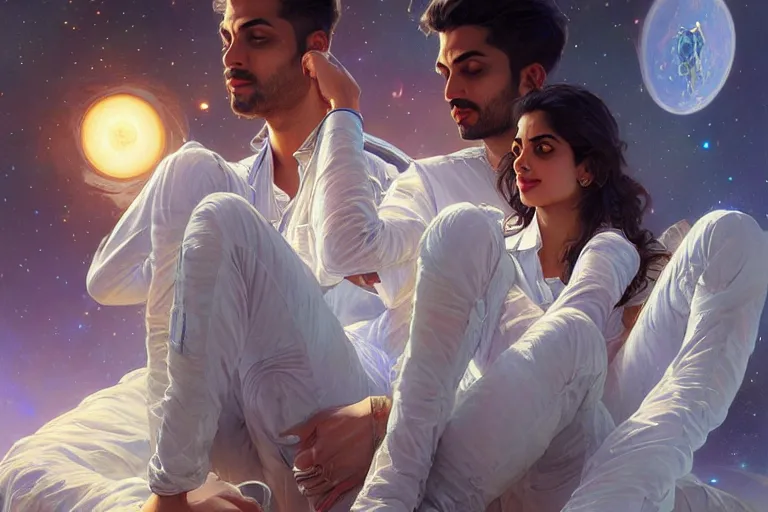 Image similar to Sensuous good looking pale young Indian doctors wearing jeans in a space station above Earth, portrait, elegant, intricate, digital painting, artstation, concept art, smooth, sharp focus, illustration, art by artgerm and greg rutkowski and alphonse mucha