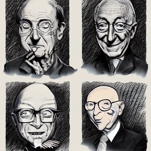 Prompt: Jacob Rothschild and george soros and bill gates and Klaus Schwab by Ralph Steadman illustration dollar bills, body horror, evil, scribbles biopunk, 8k , trending on artstation