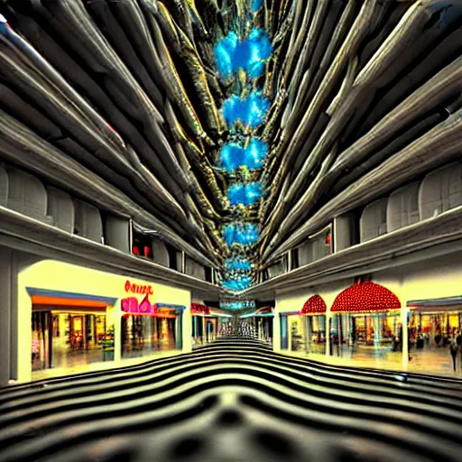 Prompt: hyperrealism photography computer simulation visualisation of parallel universe mall in surreal scene from art house movie from nefuturistic sci - fi setting by caravaggio rendered in mandelbulb 4 d