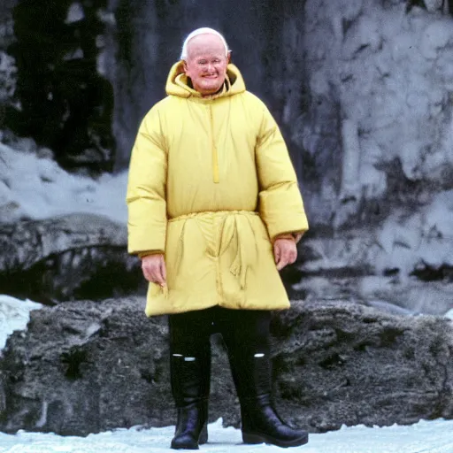 Image similar to john paul ii standing in a black puffed nuptse, black cargo pants and high black boots, summer weather