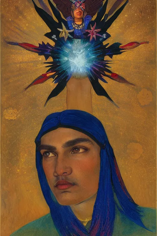 Image similar to prince of dawn with stars in his hair, by Annie Swynnerton, and Nicholas Roerich and Tino Rodriguez and Diego Rivera , elaborate headdress and embroidered velvet, iridescent beetles, rich color, dramatic cinematic lighting, extremely detailed