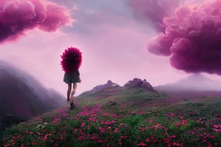 Image similar to giant dahlia flower blooming head, girl walking on mountain, surreal photography, pink storm clouds, dramatic light, impressionist painting, digital painting, artstation, simon stalenhag