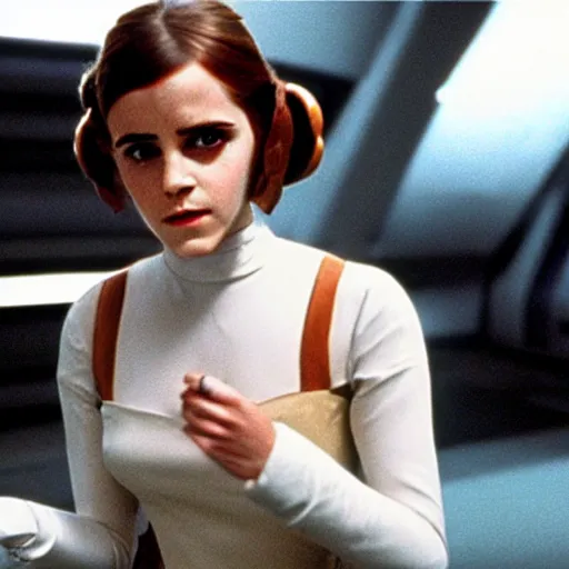 Prompt: film still of Emma Watson as Princess Leia in Star Wars 1977