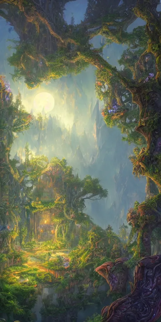 Image similar to a magical kingdom where the sun never sets and the moon is always full. the trees are alive and the air is thick with magic. by tyler edlin.