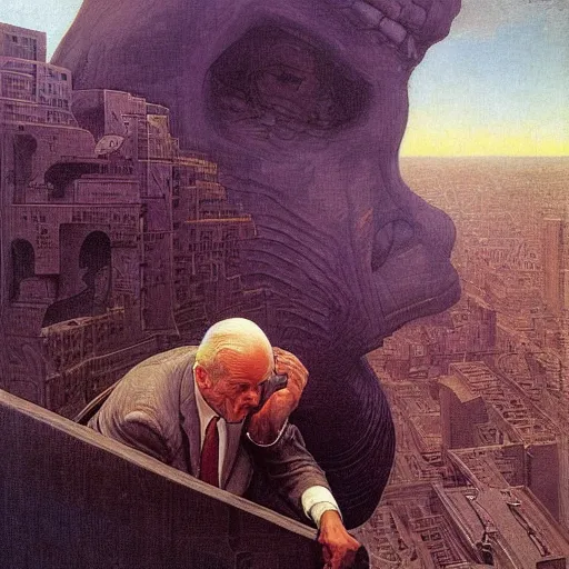 Image similar to portrait of immense, majestic, surreal, terrifying joe!!!! biden!!! crushing the city, perfectly clear face, by j. c. leyendecker, bosch, and beksinski