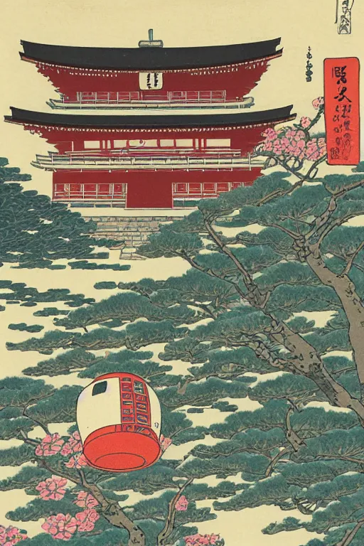 Prompt: Japanese woodblock print of r2d2 in front of a Japanese temple, cherry blossom, hokusai