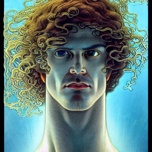 Prompt: realistic extremely detailed portrait painting of an average man with exposed clear plastic brain case and long curly hair, retro futuristic ,floating in black water , byJean Delville, Amano, Yves Tanguy, Alphonse Mucha, Ernst Haeckel, Roger Dean, and greg rutkowski and alphonse mucha, rich moody colors, blue eyes,octane render,4k,f32,