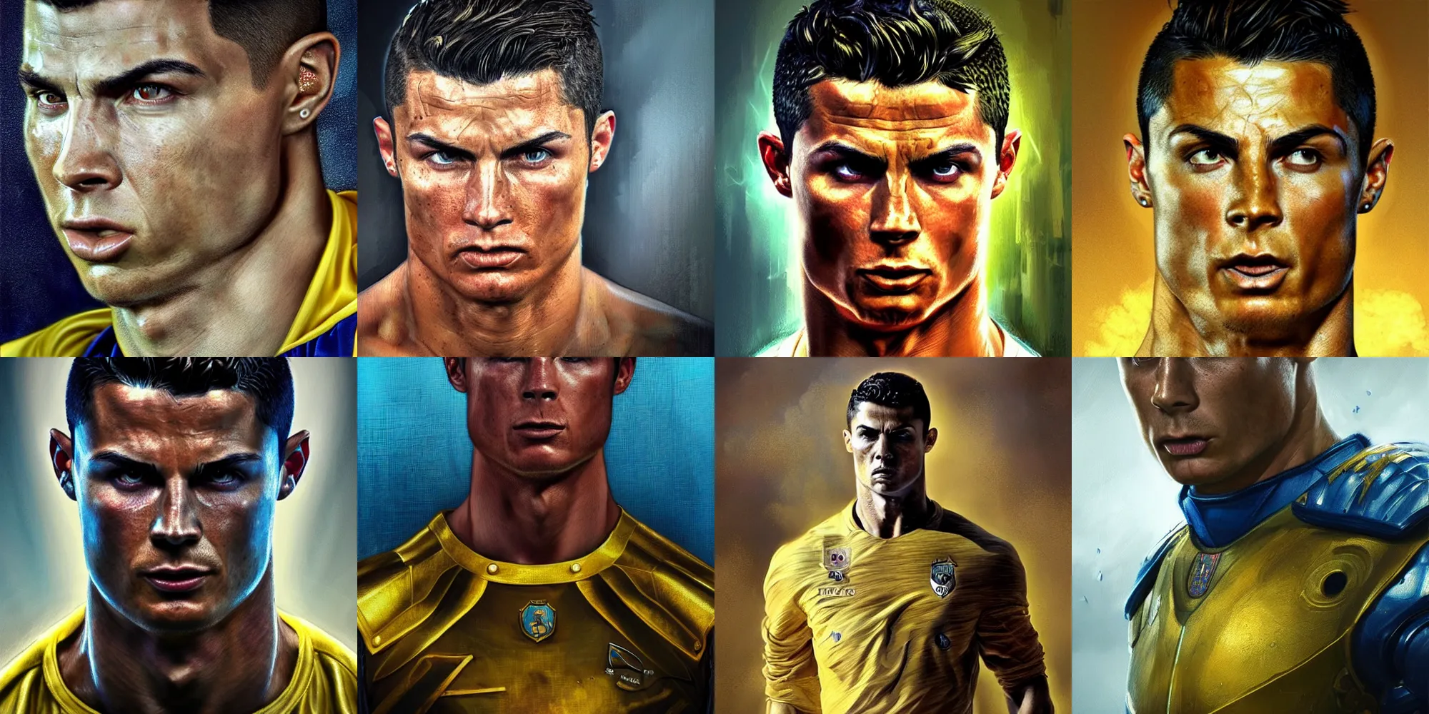 Prompt: The angry God Cristiano Ronaldo, portrait, highly detailed, digital painting, artstation, concept art, smooth, detailed rusty armor, sharp focus, beautiful face, symmetric face, dystopian, cinematic, videogame cover art, illustration, fantasy, blue and yellow color theme, art by Artgerm and Greg Rutkowski and Alphonse Mucha