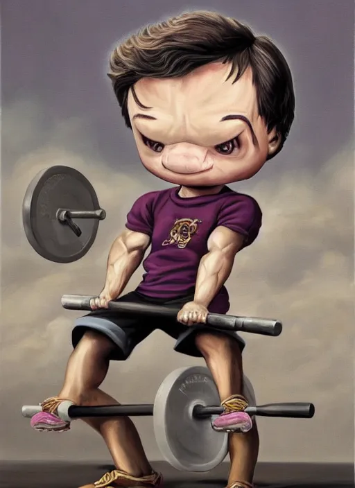 Image similar to a painting of Harry Potter doing barbell back squats, dingy gym, wearing a muscle tee shirt, an ultrafine detailed painting by Mark Ryden, trending on deviantart, pop surrealism, whimsical, lowbrow, grotesque