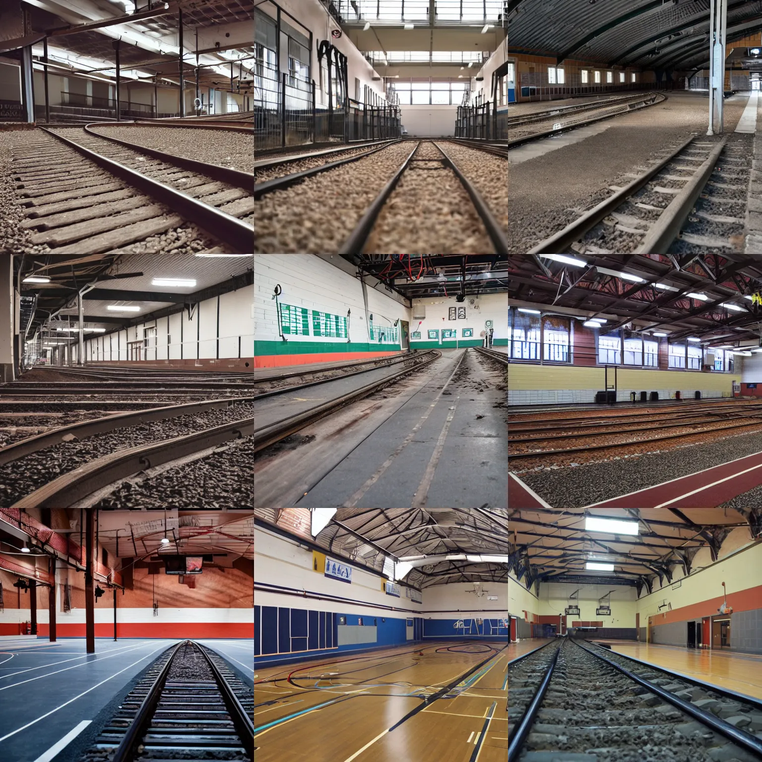 Prompt: a high school gym, railway tracks going through it