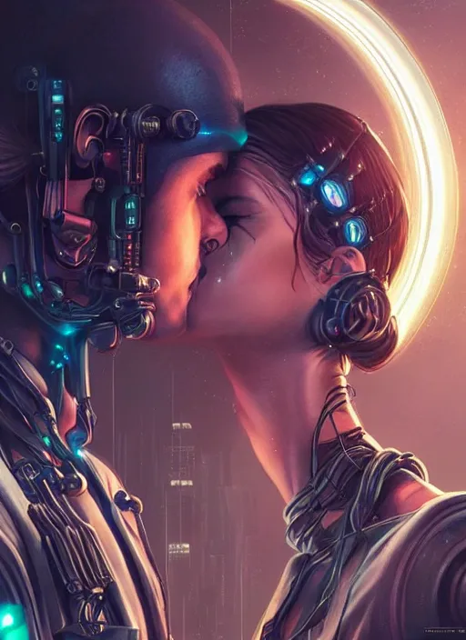 Prompt: cyberpunk, sci - fi, fantasy, ultra realistic medium shot of a couple of cyborgs kissing, lovers, joined by cables, backlight, led, unreal engine, octane render, soft light, night, highly detailed, digital painting, concept art, sharp focus, illustration, art by artgerm and greg rutkowski and alphonse mucha