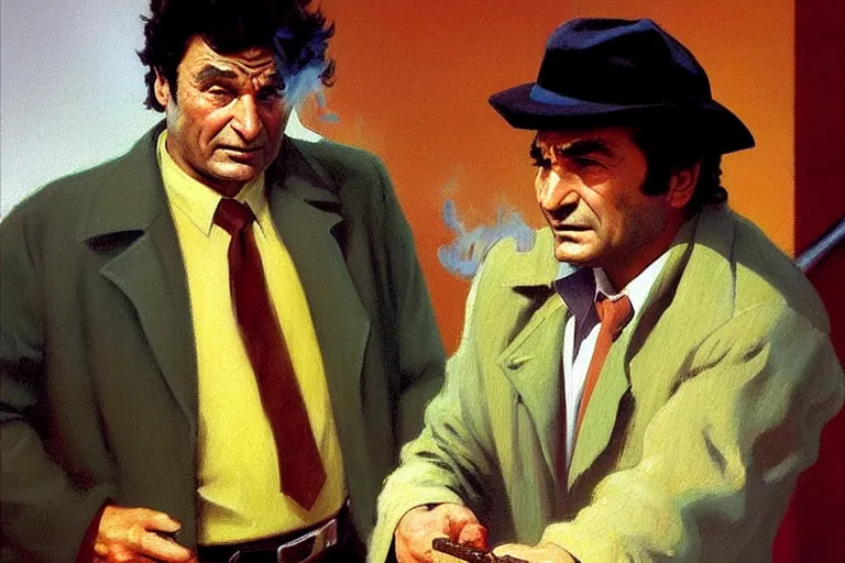 Image similar to police detective columbo ( played by young peter falk ) in his messy trenchcoat, smoking a cigar while rubbing his head. 1 9 8 0 s oil painting in the style of edward hopper and ilya repin gaston bussiere, craig mullins. warm colors. detailed and hyperrealistic.