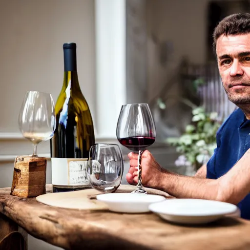 Image similar to photograph of a frenchman seated at a table with a bottle of wine in 2 0 2 0. colorful, award winning photography, 5 0 mm, extremely detailed face