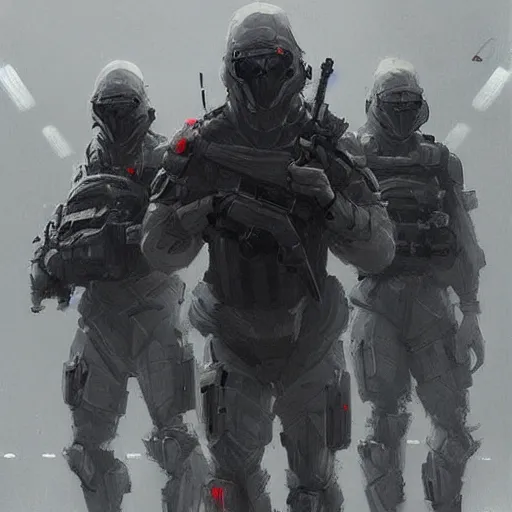 Image similar to concept art by greg rutkowski, soldiers wearing futuristic white and black tactical gear, preparing for combat, brutalist futuristic interior, dim lighting, detailed portraits, nostalgic atmosphere, scifi, digital painting, artstation, concept art, smooth, sharp foccus ilustration, artstation hq