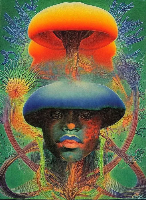 Prompt: 8 0 s new age album cover depicting a mushroom cloud in the shape of g steph curry, very peaceful mood, cardiovascular system, nervous system, oil on canvas by ernst haeckel, by frida kahlo