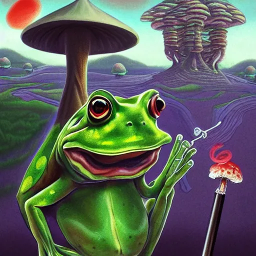 Image similar to A centered chest up portrait of a psychedelic demonic anthropomorphic frog smoking a hand-rolled cigarette smoking heavily , magic mushroom village in background . award winning. superb resolution. in the art style of junji Ito and greg rutkowski . Detailed Mushroom city in background. Hyper realistic anime. Perfect art. Dalle2