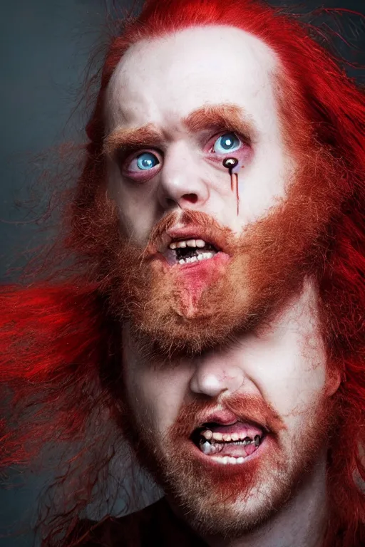 Image similar to a mad scientist with a third eye and wild red hair and beard slightly balding, high resolution film still, 4 k, hdr color