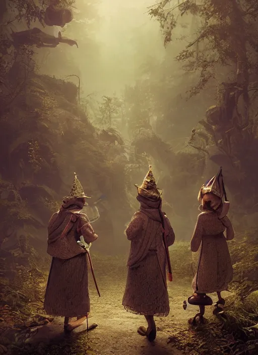 Prompt: Monk, Bard, Wizard and Cleric walking on a dark trail in forest, intricate artwork by Tooth Wu and wlop and beeple. octane render, hyper realism, 8k