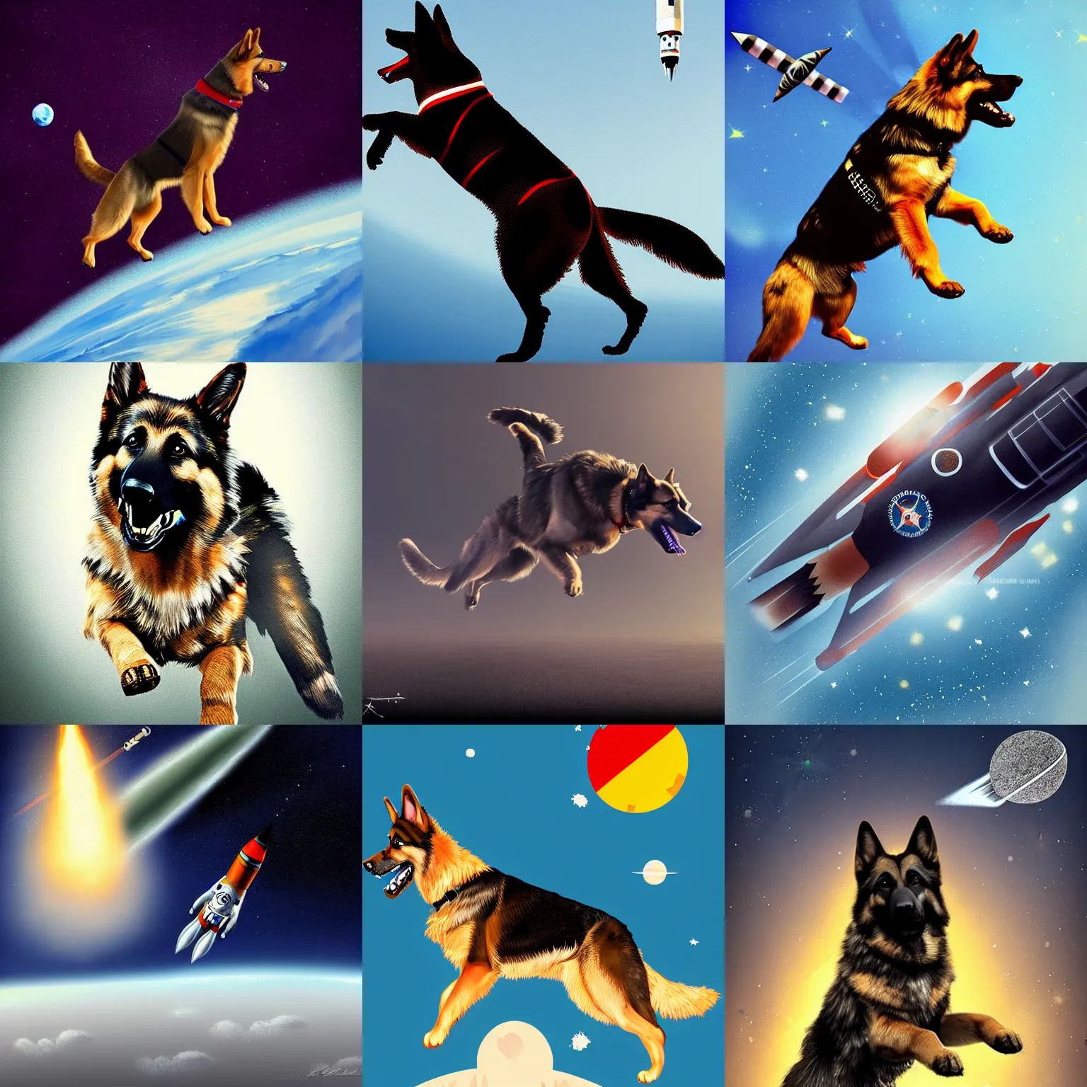 Prompt: Cosmonaut German Shepard flying on a rocket, Digital art, trending on artstation