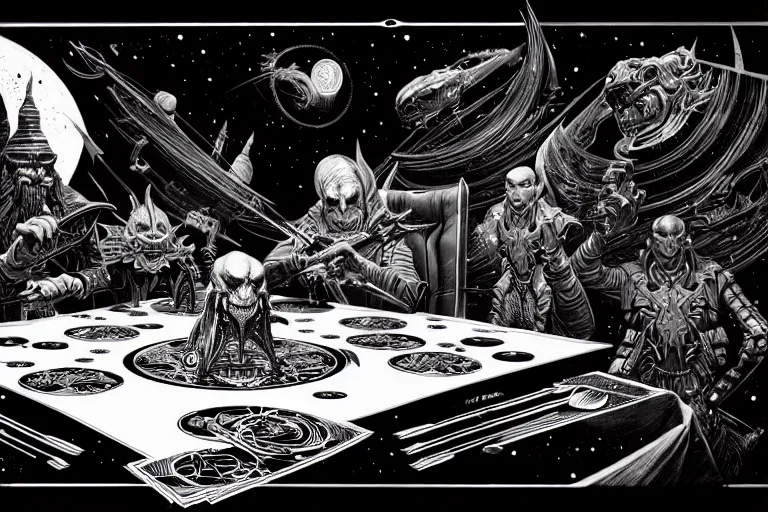 Image similar to a wizards table, high details, lineart, by vincent di fate and joe fenton, inking, etching, screen print, masterpiece, trending on artstation, sharp, high contrast, hyper - detailed,, hd, 4 k, 8 k