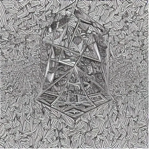 Image similar to “geometrically incomprehensible surreal order of cubicle shapes, extremely high detail, photorealistic, intricate line drawings, painted cube structures, dotart, album art in the style of James Jean”