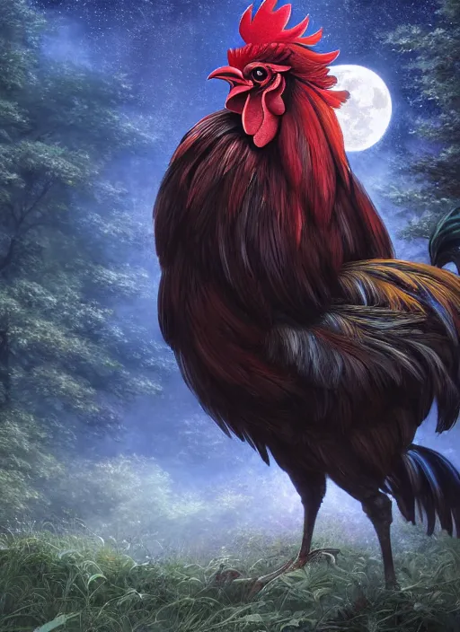Prompt: close - up portrait of a beautiful anime rooster in front of the full big moon in a fantasy forest, by james gurney, max liebermann, greg rutkowski, highly detailed digital art, artstation