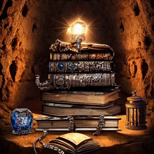 Image similar to epic vintage Photo of an ancient dark byzantine cave interior, ornate oil lamp on a pile of crystals, books covered in jewels, ornate, surrounded by strange crystals and treasure, full of sand and glitter, Indiana Jones, Tomb Raider, trending on artstation, cinematic, jewels, 35mm lens