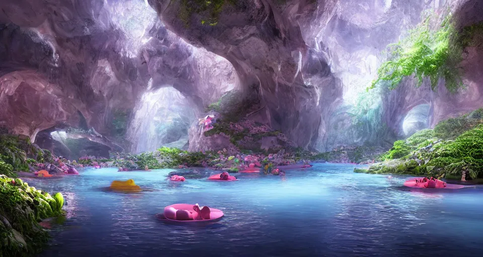 Image similar to a river in a marble cave system with big tea cups floating down it carrying people, vivid colors, matte painting, 8K, concept art, mystical color scheme, trending on artstation