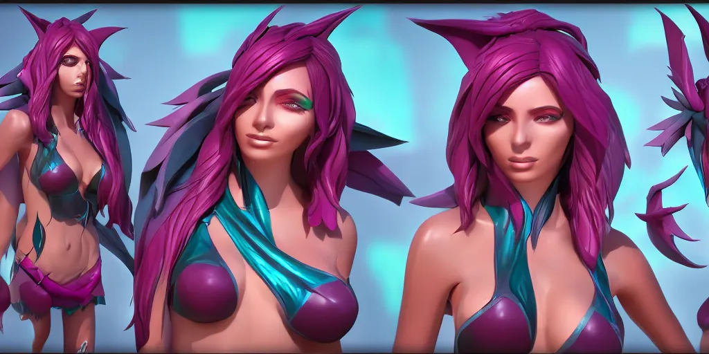 Image similar to Character sheet of gorgeous pool party xayah (League of Legends). 3d octane render trending on artstation