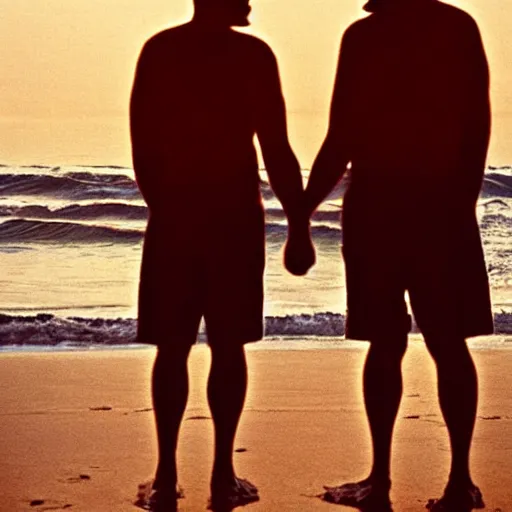 Image similar to vintage gay couple at the beach, nostalgic photography, sunset