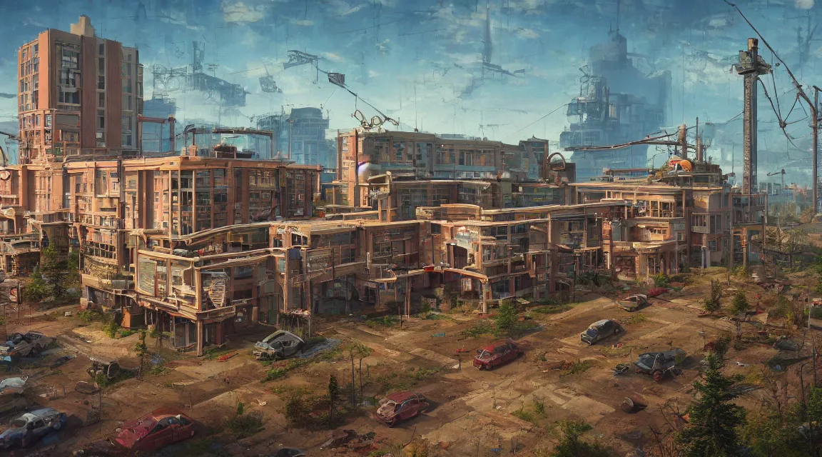 Prompt: Post Apocalyptic hospital, americana architecture, building, by Simon Stålenhag, by thomas kinkade, trending on artstation, vivid colors, polychromatic, 64 megapixels IMAX Terragen 4.0, 8k resolution