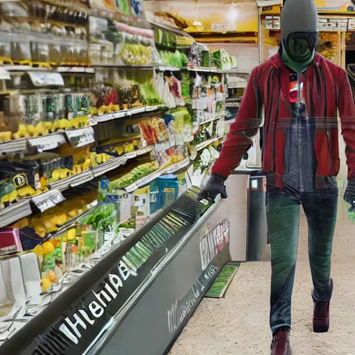 Image similar to a masked man at a self checkout stealing one banana, theft at grocery store, walking out with one banana, banana in hand, trending on artstation, depth field, unreal engine, cinematic, hyper realism, high detail, octane cinema 4 d render, a 2 4 cinematography, 8 k