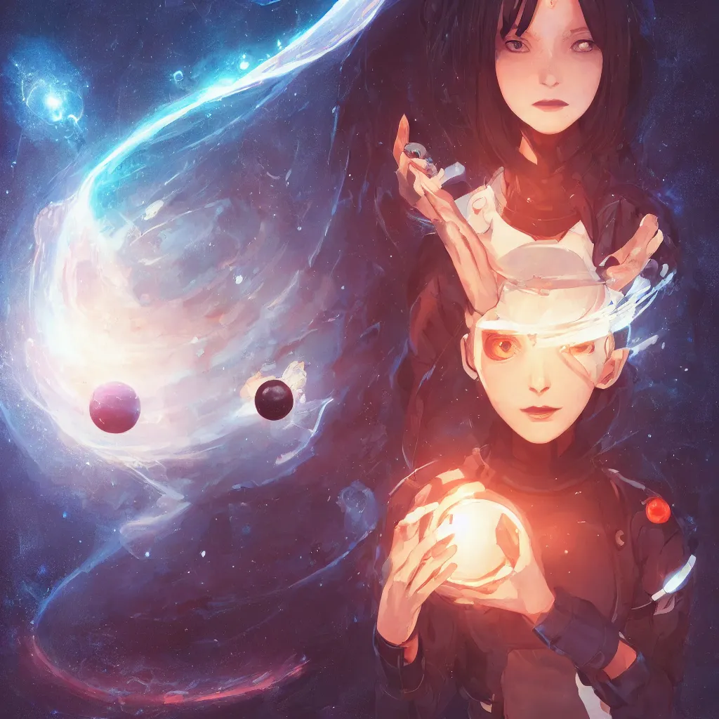 Prompt: a portrait of a beautiful female scientist holding a small black hole in her hands, anime art, symmetrical facial features, symmetrical proportions, illustration, style by jordan grimmer and greg rutkowski