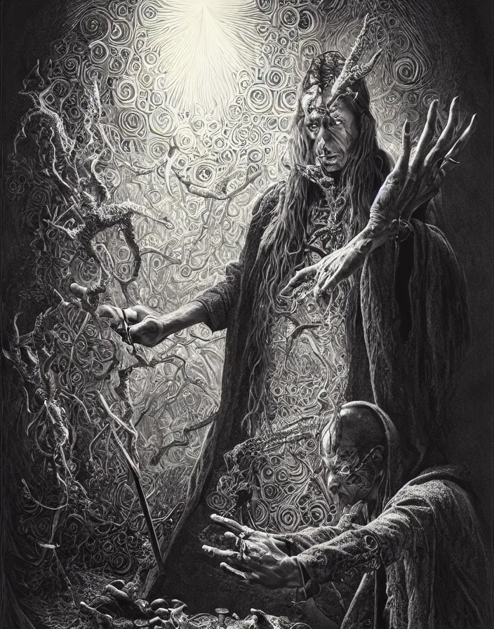 Image similar to highly detailed portrait of a dark mage casting a spell by alex grey, patrick woodroffe, mark ryden created by gustave dore and greg rutkowski, high detailed, smooth draw, synthwave neon retro, intricate, realistic proportions, dramatic lighting, trending on artstation