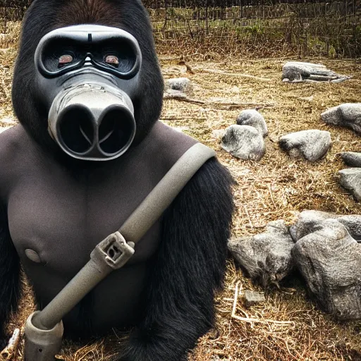 Image similar to high quality photo of A gorilla wearing a world war 2 gas mask, realism, 8k, award winning photo