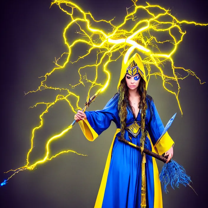 Image similar to photograph of a real - life beautiful elemental lightning witch with ornate yellow and blue robes and staff. extremely detailed. 8 k