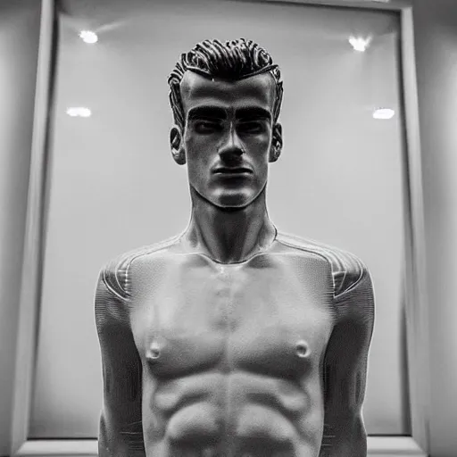 Image similar to “ a realistic detailed photo of a guy who is an attractive humanoid who is half robot and half humanoid, who is a male android, soccer player antoine griezmann, shiny skin, posing like a statue, blank stare, at the museum, on display ”