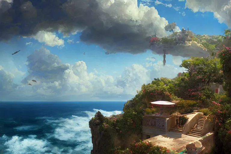 Prompt: lovely villa sits atop a broad cliff, overlooking the entirety of the blue sky, digital painting by greg rutkowski and gaston bussiere, zbrush, cgsociety contest winner, comprehensive art, intricate, landscape photography, brightly radiant atmosphere, overcast sky, homogeneous to hawaii, 4 k, 8 k