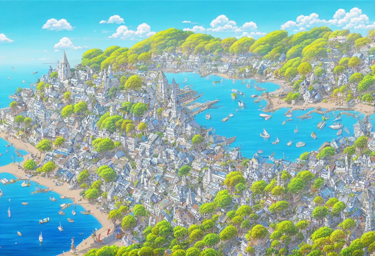 Image similar to a beautiful ultradetailed painting of a seaside town, sunny, studio ghibli sunlight, archdaily, wallpaper, highly detailed, trending on artstation