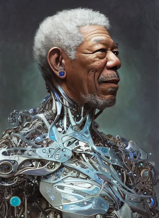 Image similar to morgan freeman as a organic cyborg, diffuse lighting, fantasy, intricate, elegant, highly detailed, lifelike, photorealistic, digital painting, artstation, illustration, concept art, smooth, sharp focus, art by john collier and albert aublet and krenz cushart and artem demura and alphonse mucha